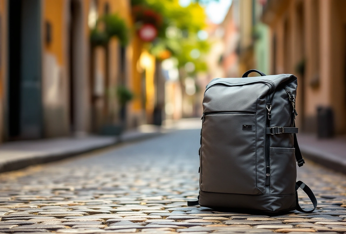 A dark travel backpack on a blue-lit reflective floor at night.