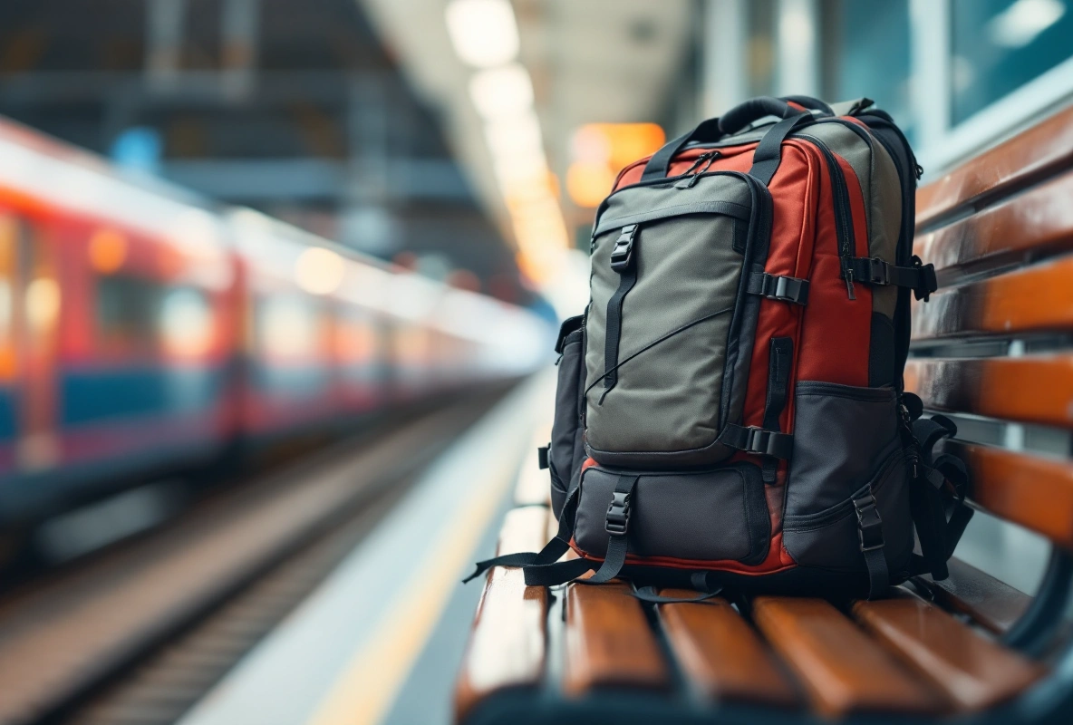 A tan backpack on a wooden bench at dusk.