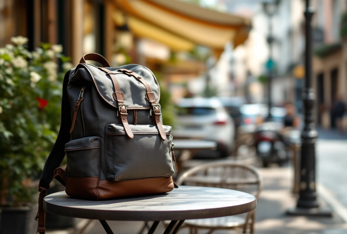 A dark daypack on a dark reflective floor.