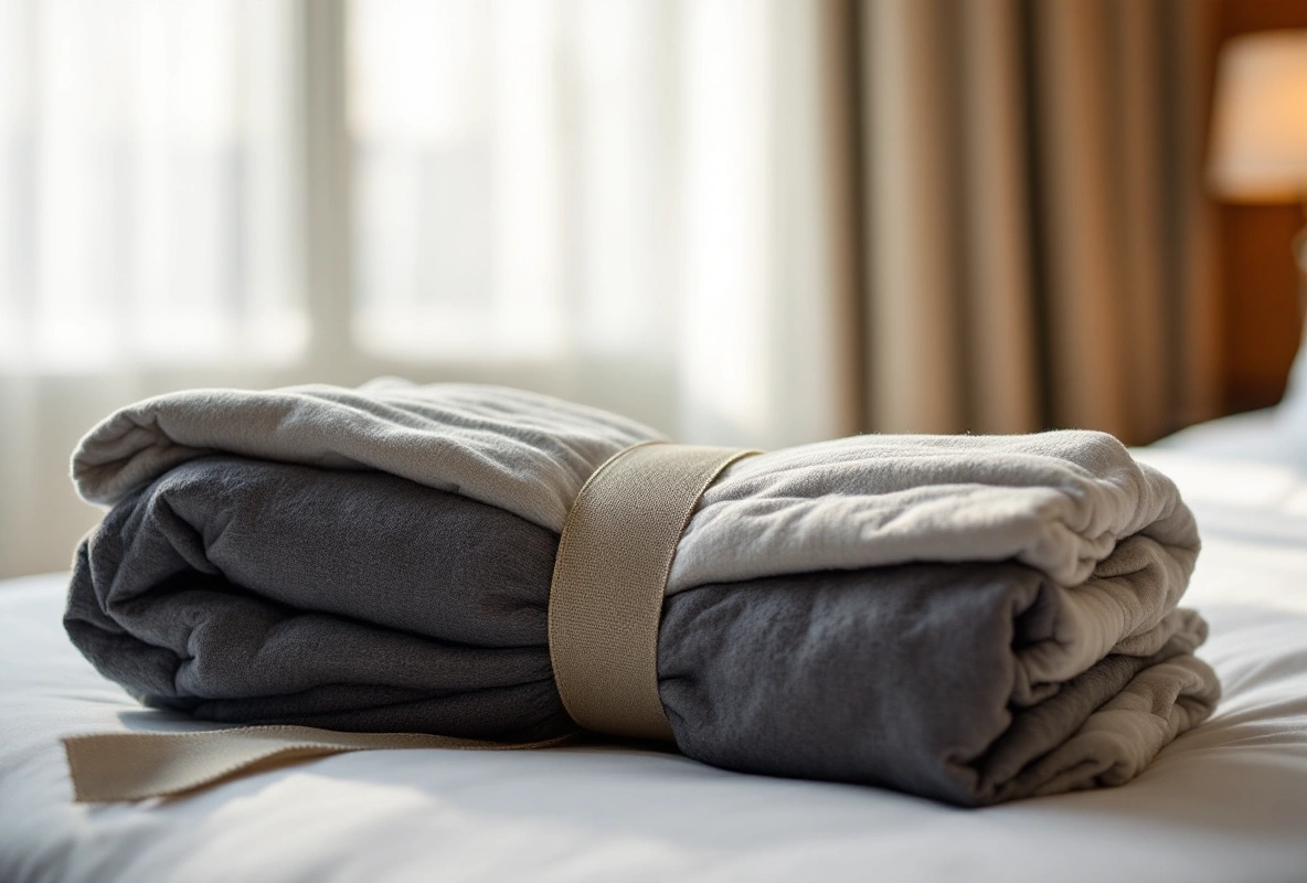 A stack of folded clothing in red, white and gray.