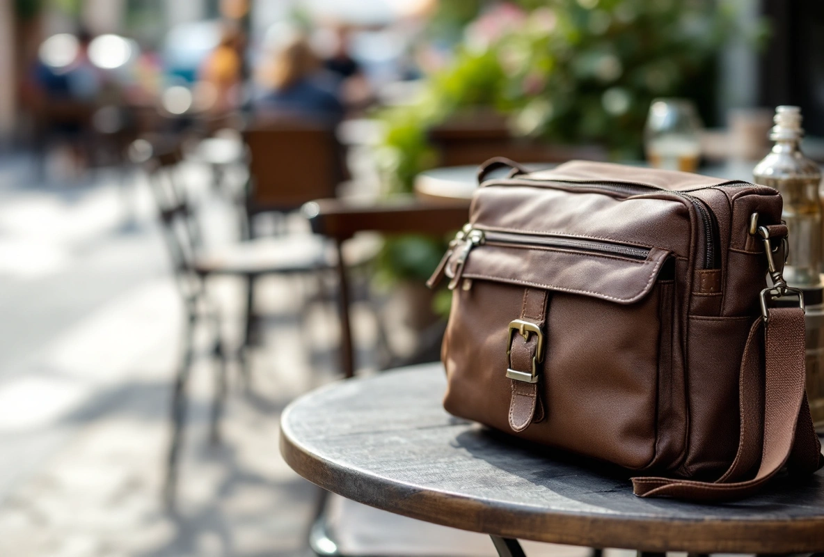 A dark crossbody bag on cobblestones.