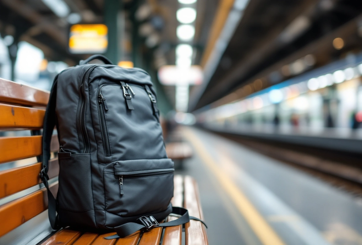 A light gray daypack on a dark bench.