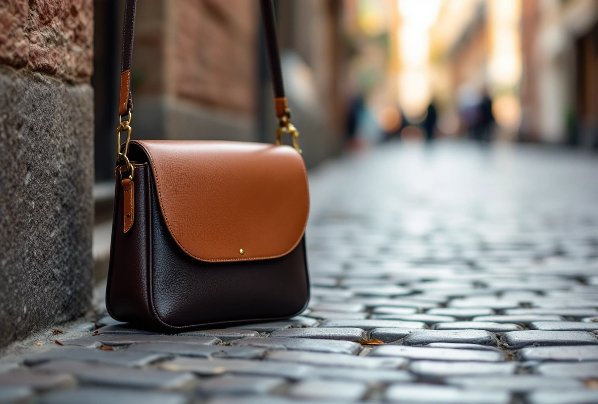 A dark pouch-style bag on a dark table surface.