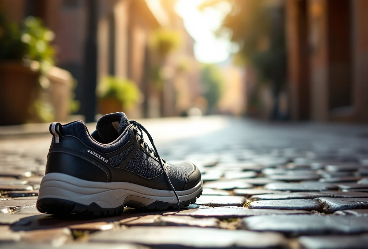 An unworn boot on wet cobblestones at dusk.
