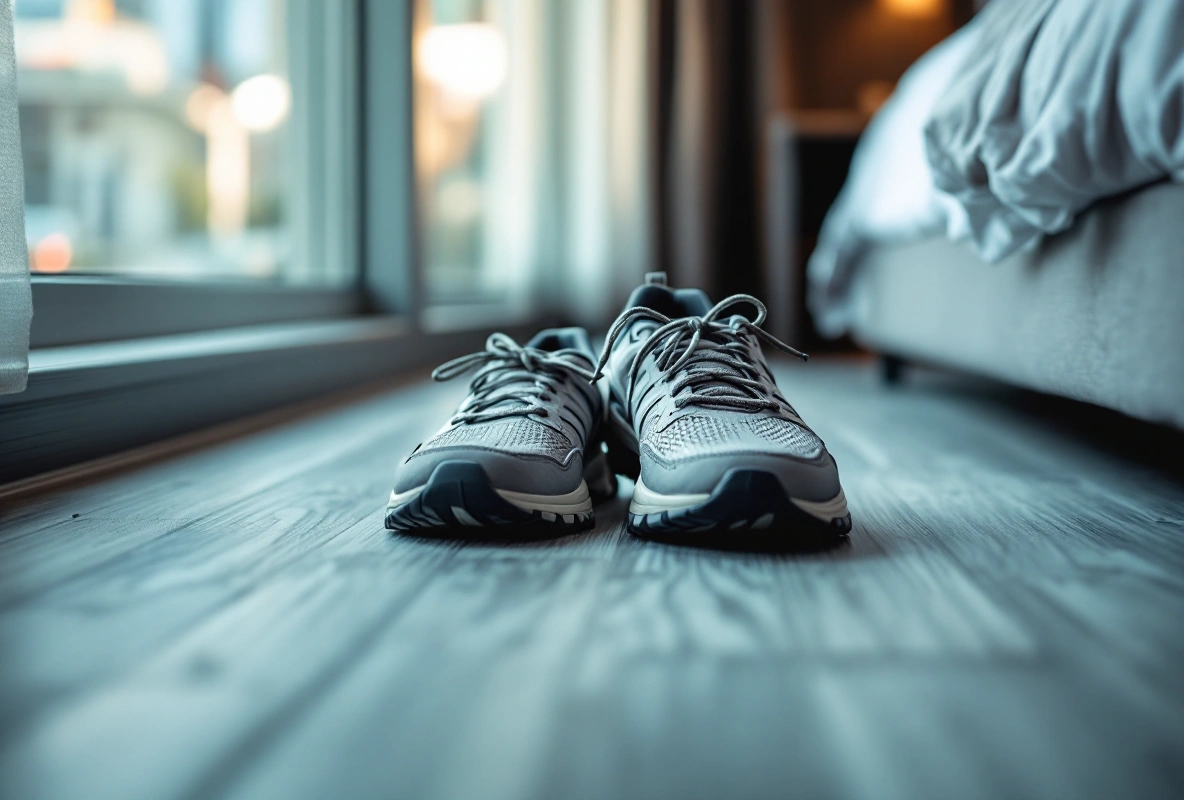 A pair of unworn grey walking sneakers on a hotel room floor beside a bed, with a city street visible through the window.