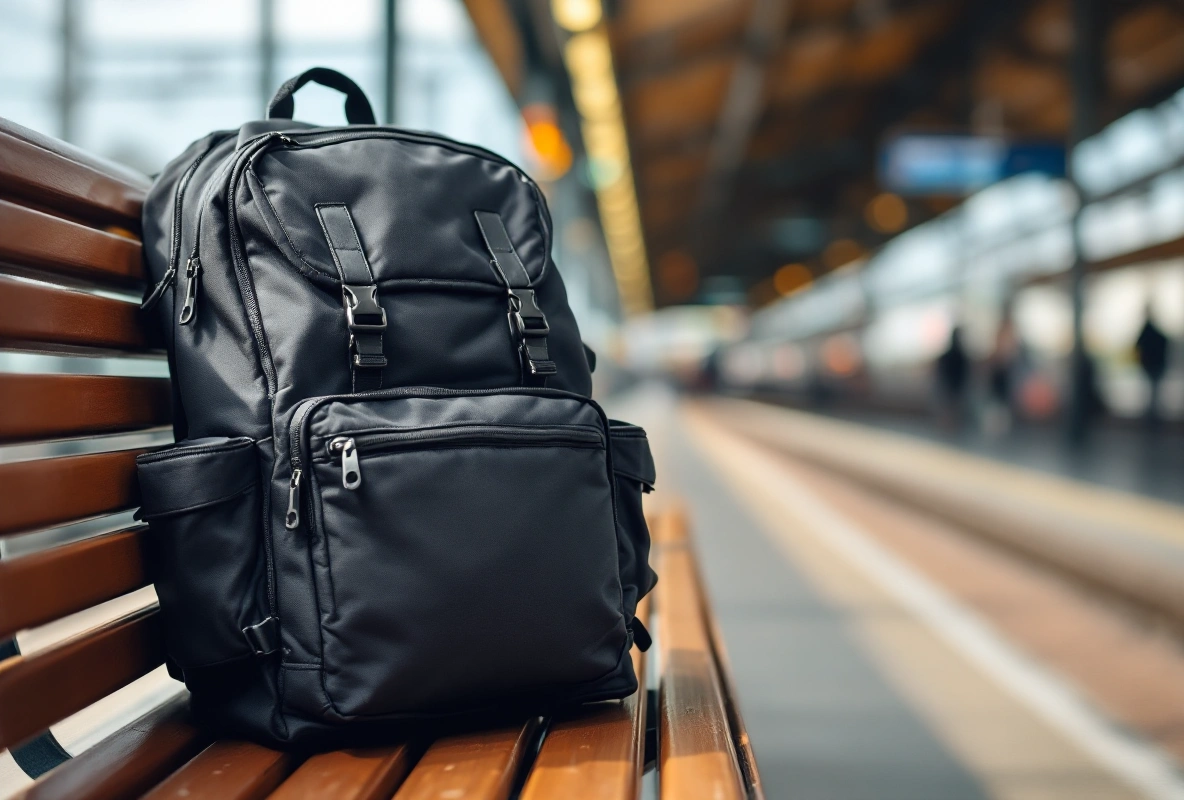 An olive-tan backpack on cobblestones lit by string lights.
