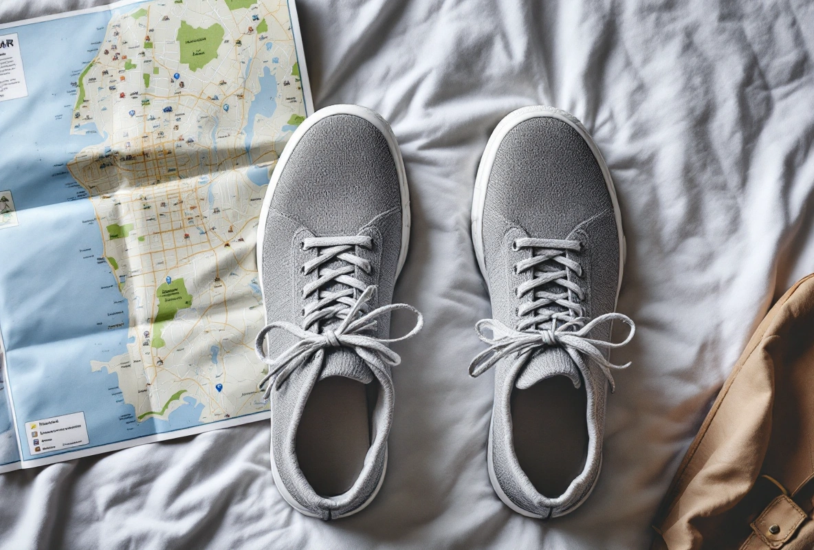 A pair of dark leather shoes in a top-down flat-lay on blue-toned cobblestones.