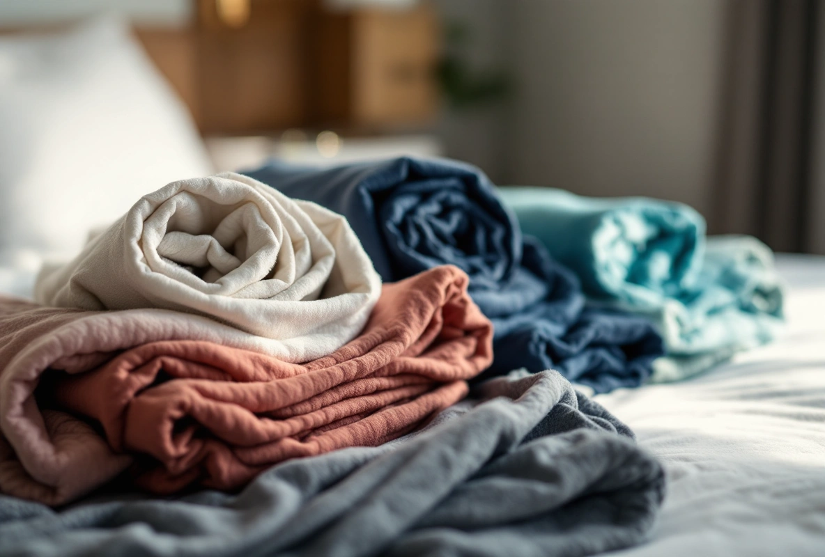 Rolled clothing in green and burgundy tones on a wooden bench.