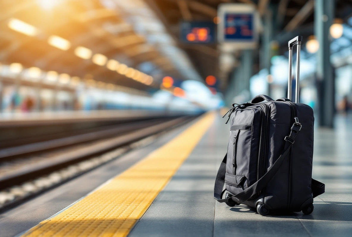 A dark blue duffel bag on cobblestones.