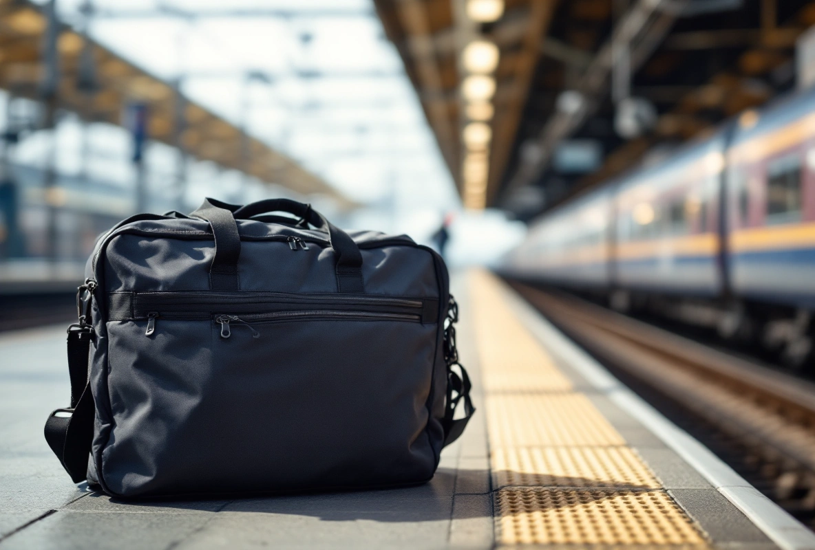 A dark duffel bag shown in close-up with its strap.
