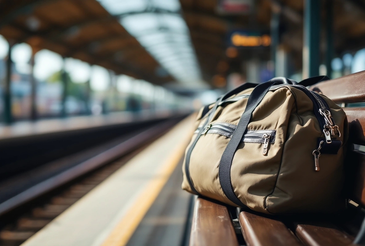 A cream duffel bag on a wooden bench.