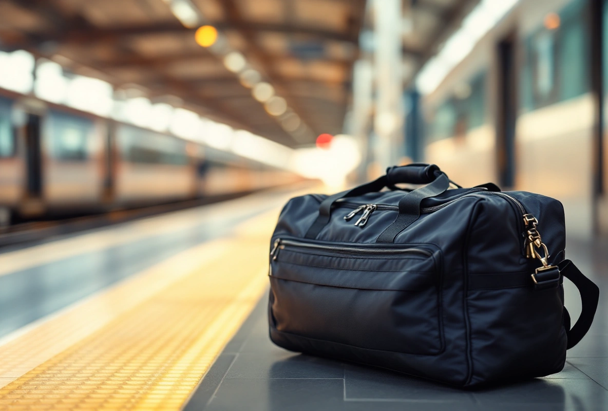 A dark duffel bag on a wooden bench.