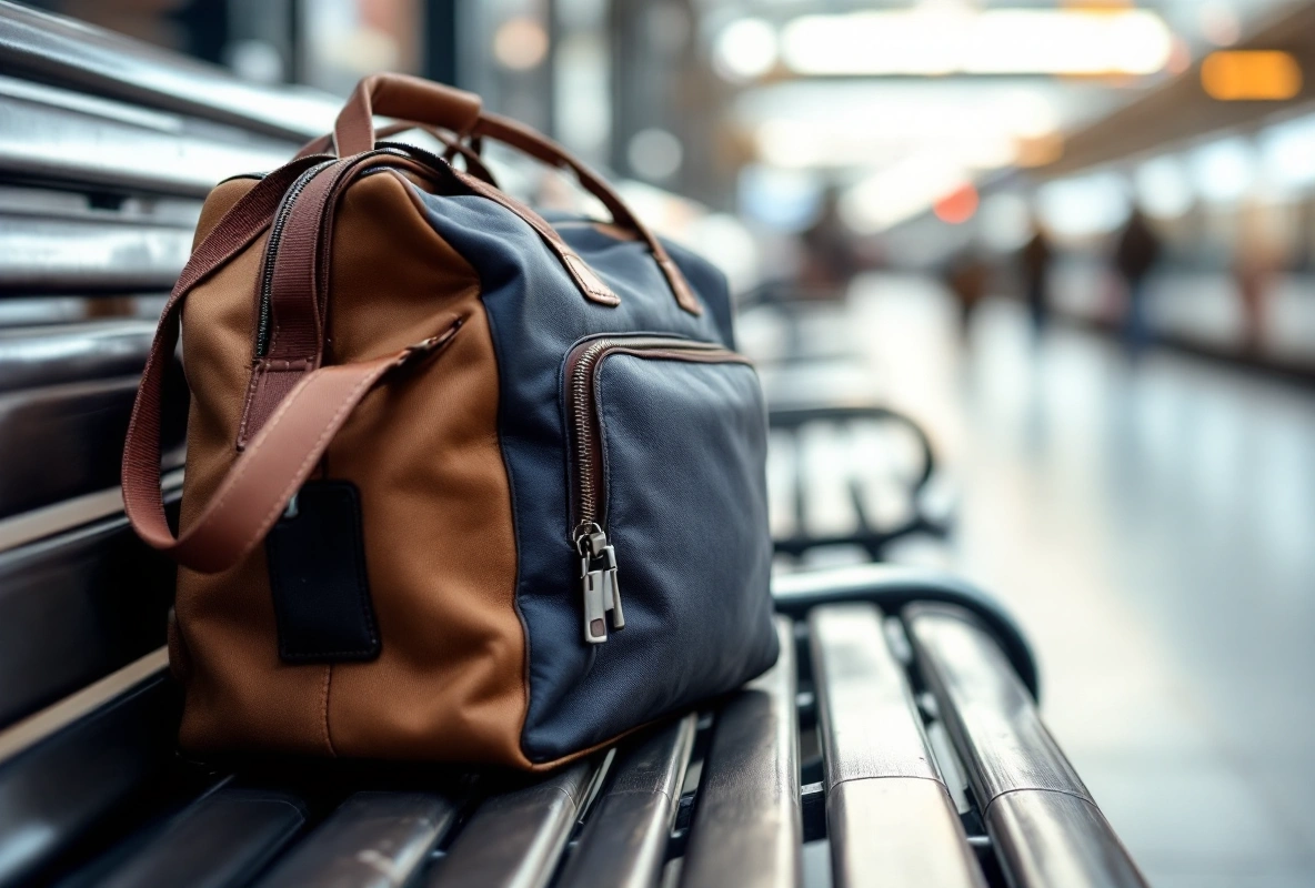 A tan duffel bag on a wooden bench.
