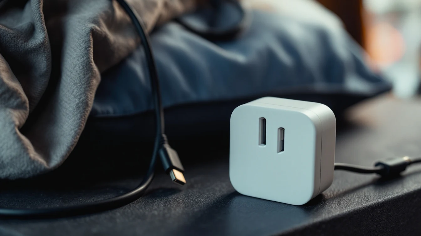 A plain white travel adapter beside a charging cable and a dark travel pouch on a bench.