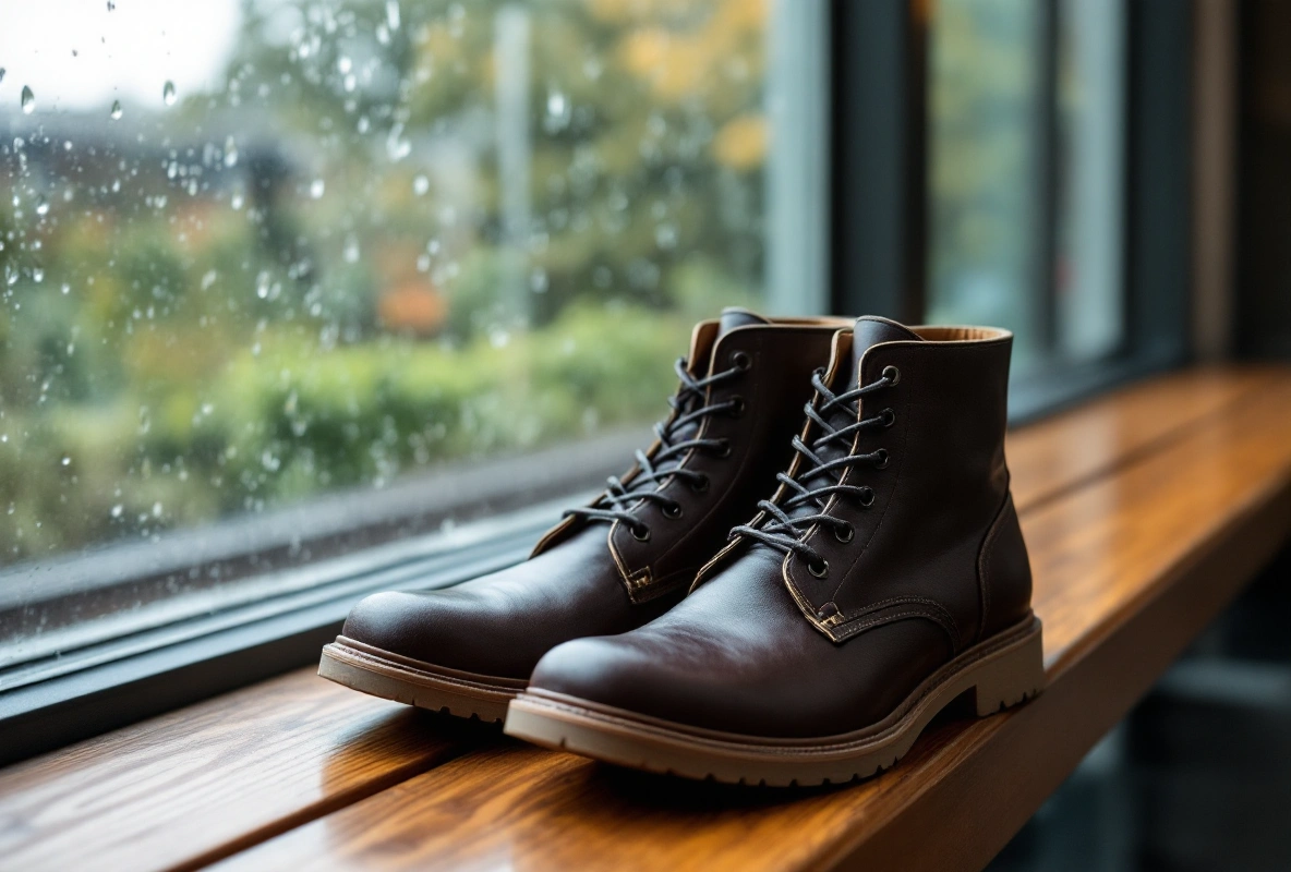 A pair of dark brown leather waterproof boots on a wooden windowsill with rain streaking the glass behind them.