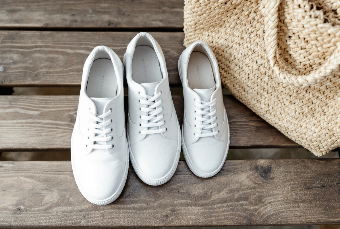 A pair of plain white leather women's sneakers on a wooden bench beside a straw tote bag, seen from above.