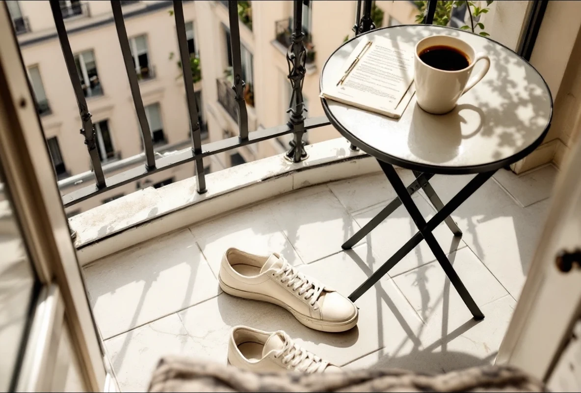 A pair of cream leather sneakers on a sunny Paris apartment balcony beside a small bistro table with a cup of coffee.