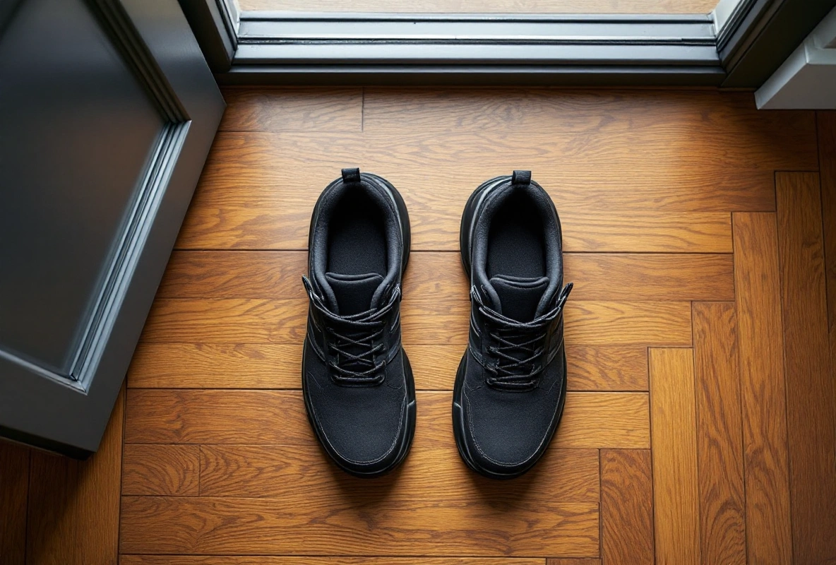 A pair of cushioned black men's walking shoes with thick soles resting on a wooden floor by a door.