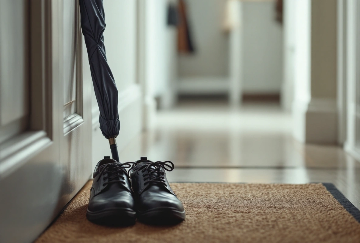 A pair of dark leather waterproof walking shoes on a doormat in a hallway next to a closed umbrella.