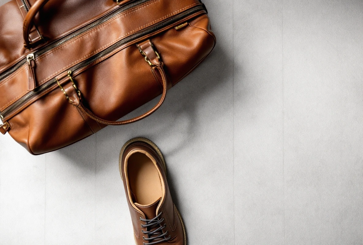A pair of plain brown leather men's walking shoes beside a leather weekender bag on a hotel luggage rack.