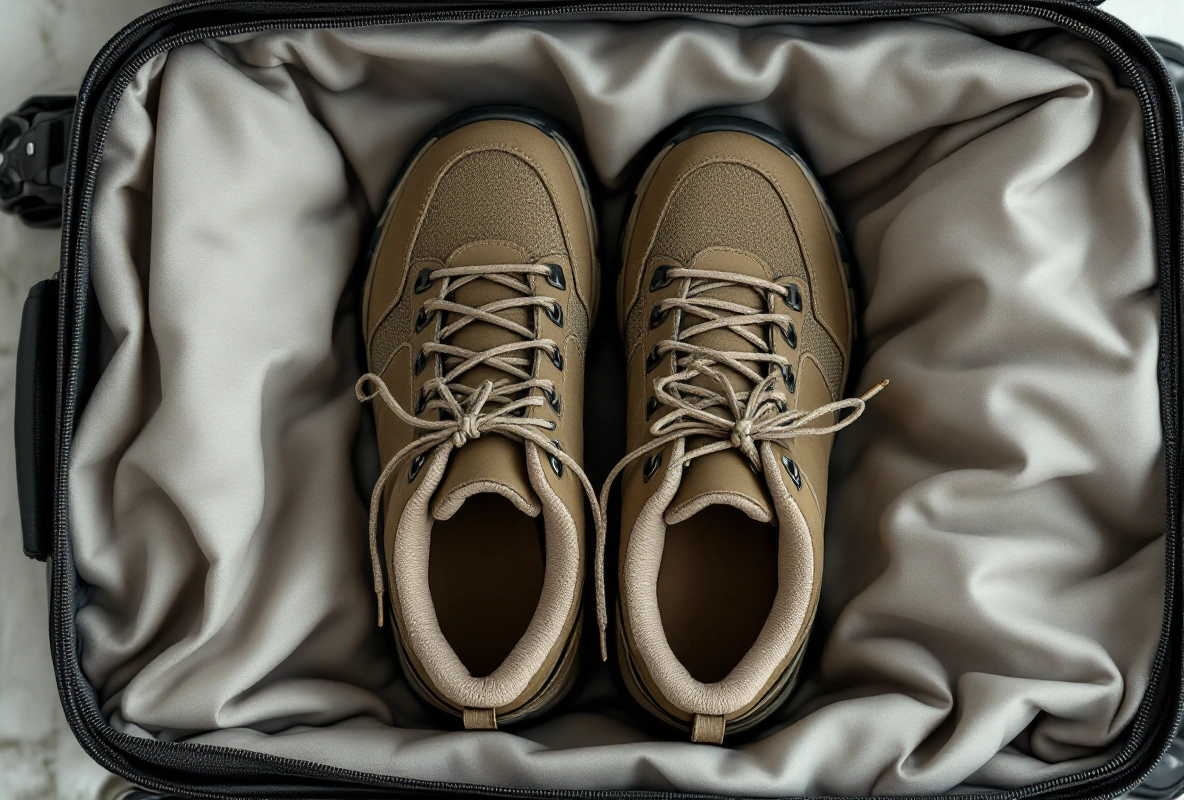 A pair of olive women's trail-style walking shoes packed inside an open suitcase.