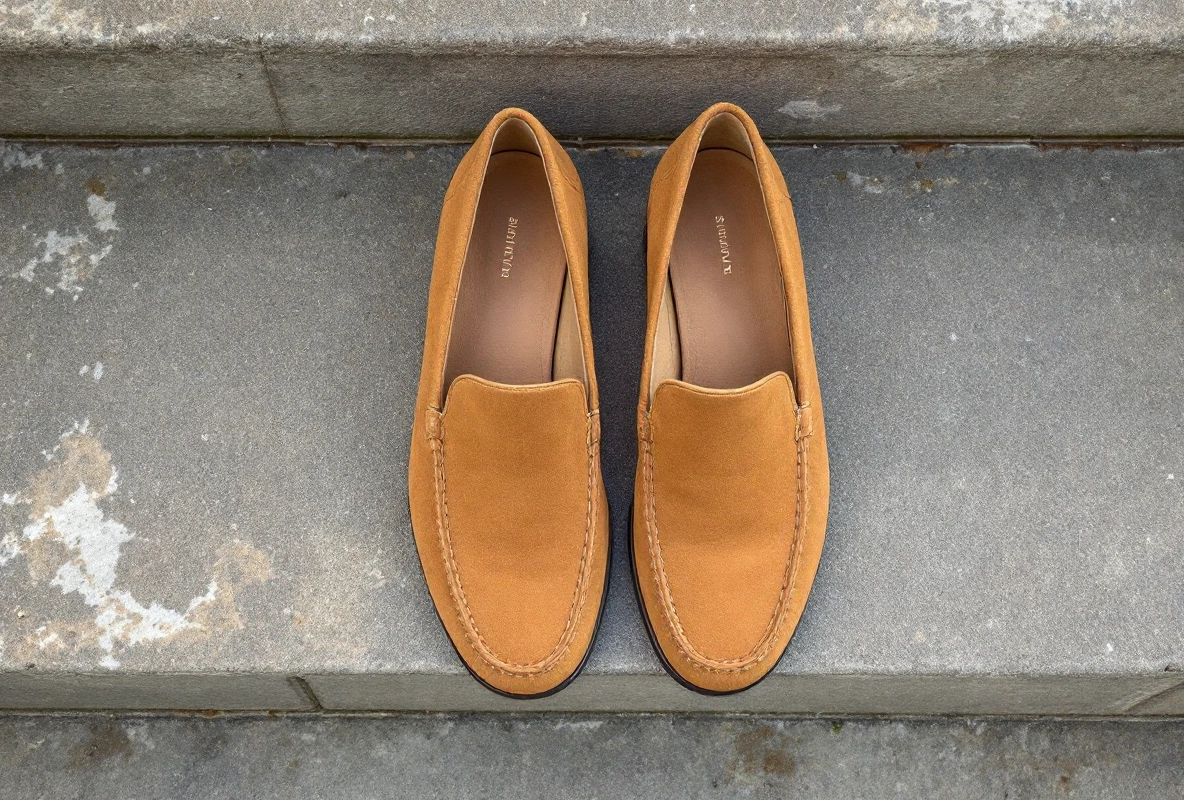 A pair of tan suede women's loafers set on a sunlit stone doorstep.