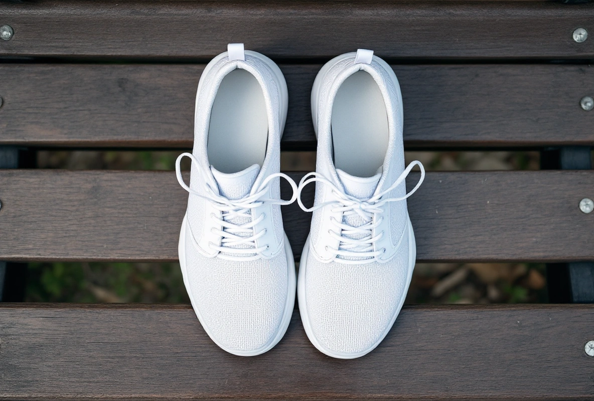 A pair of plain white mesh walking shoes resting on a park bench.
