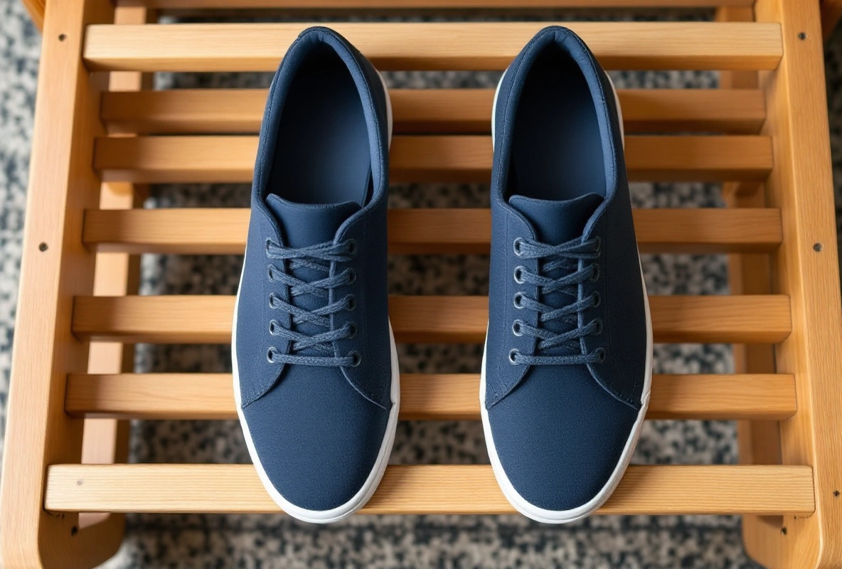 A pair of plain navy walking sneakers resting on a wooden hotel luggage rack.