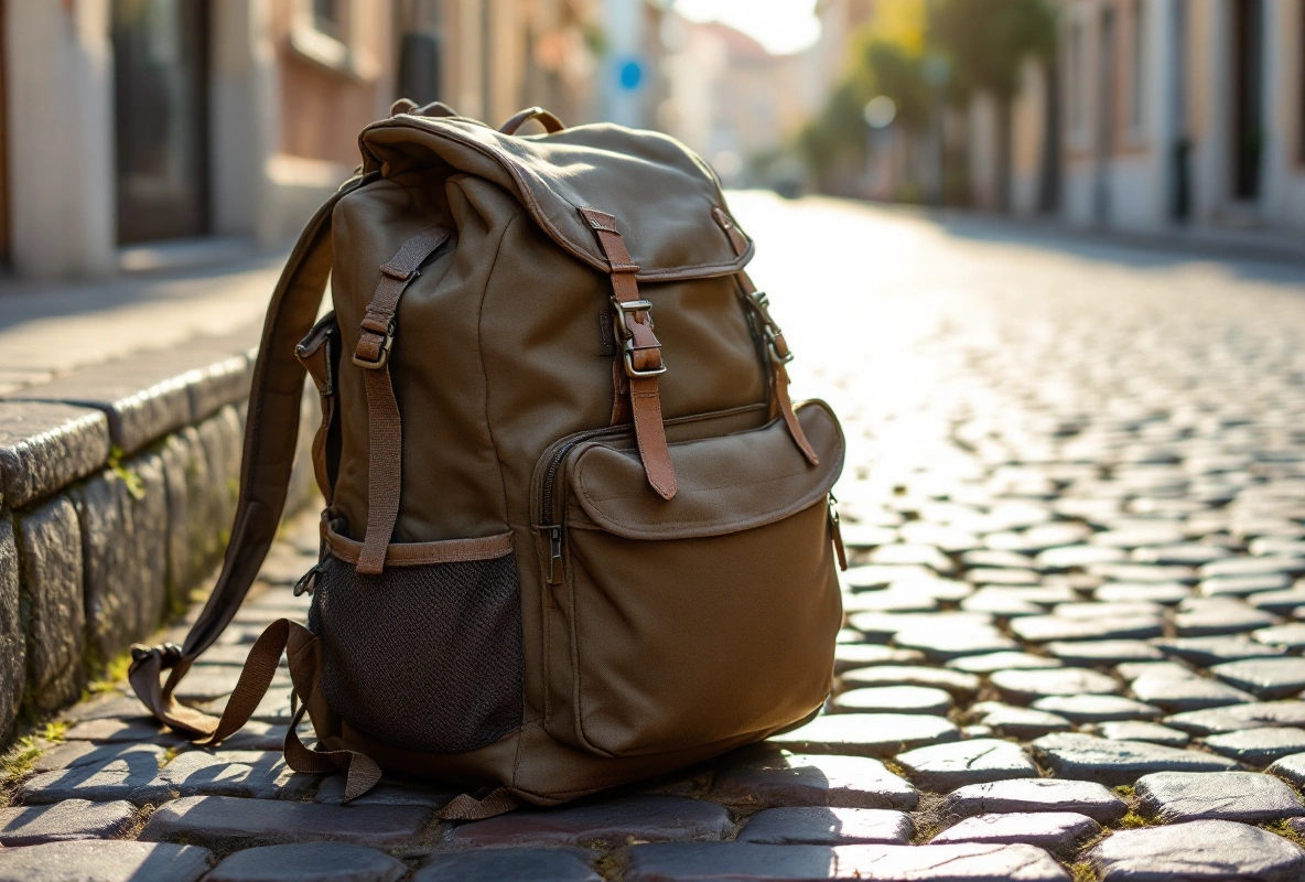 An olive backpack shown in close-up with its straps.