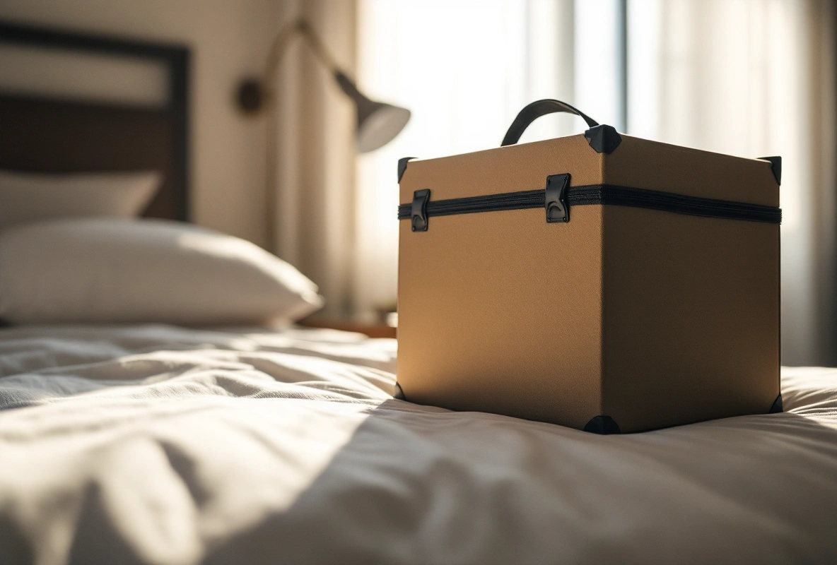 A gray packing cube shown in close-up.