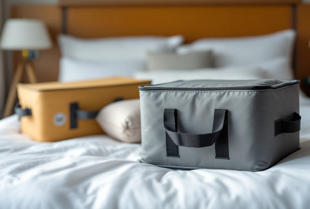 A plain gray fabric packing cube on a dark platform-bench surface.