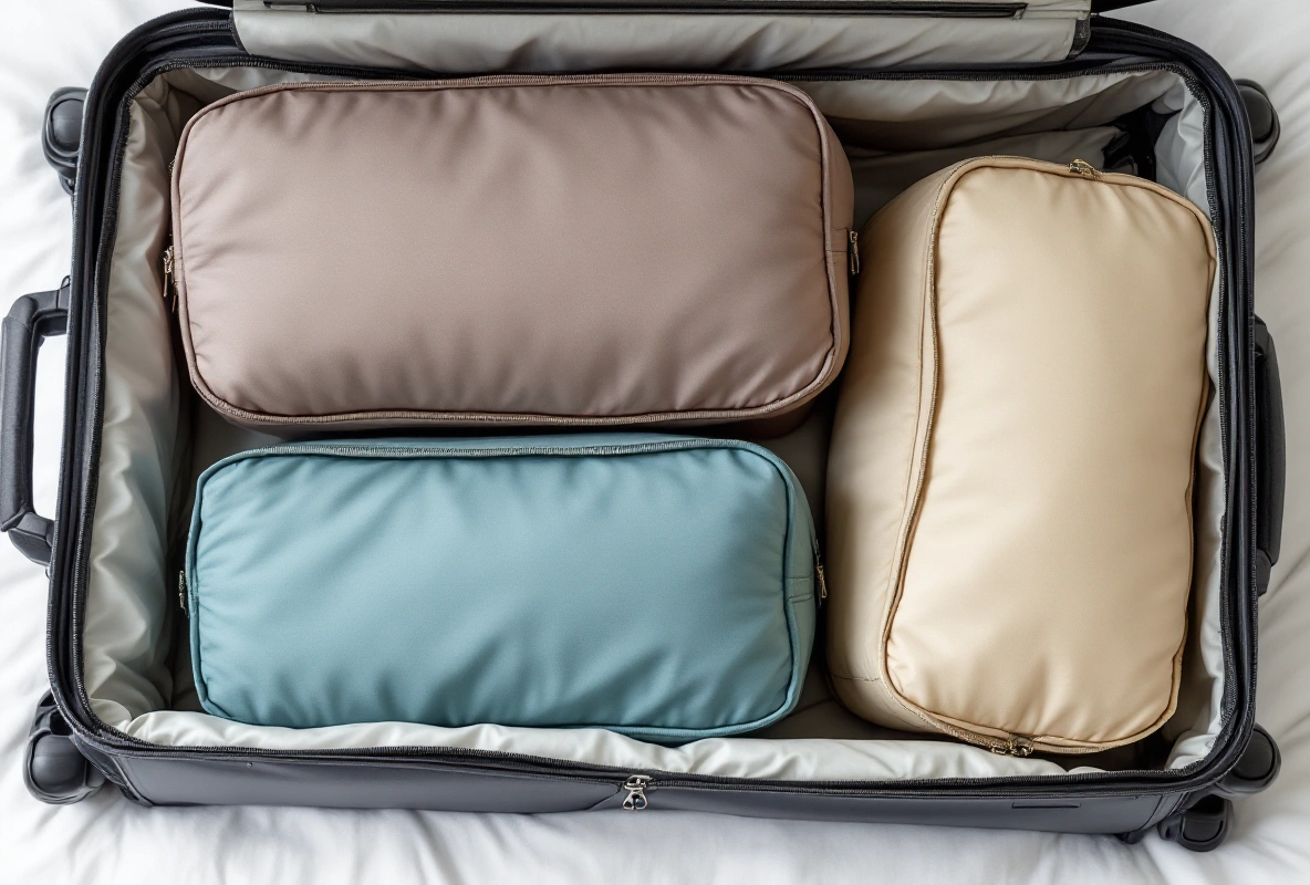 Three packing cubes stacked in red, orange and navy tones.