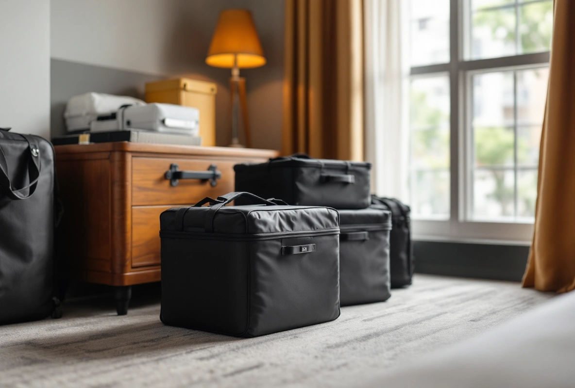 A set of black packing cubes and a duffel bag arranged on a hotel room floor beside a wooden dresser and a sunlit window.